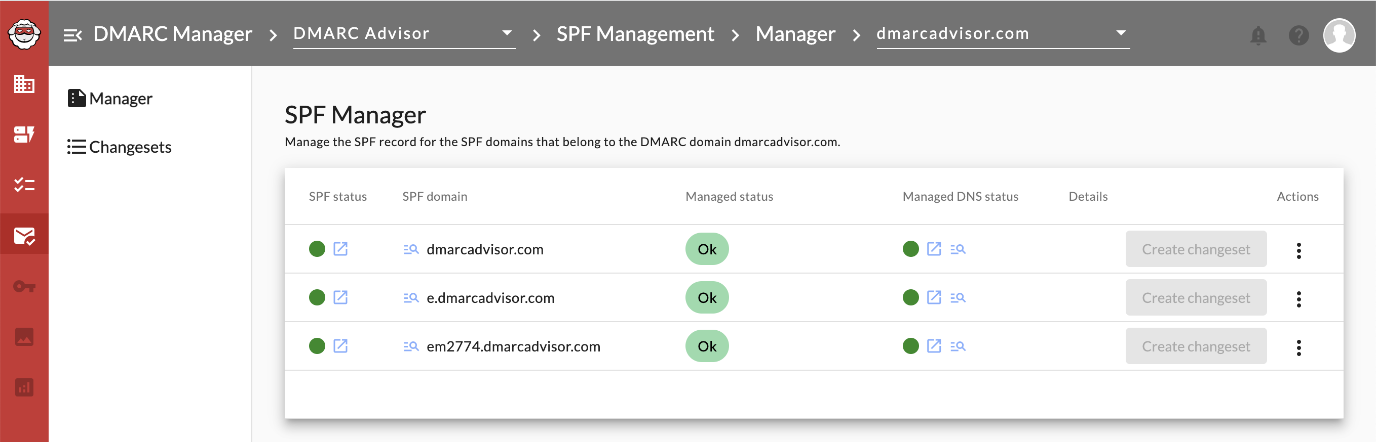 SPF Manager mit Übersicht verwalteter SPF-Domains und ihrem DNS-Status