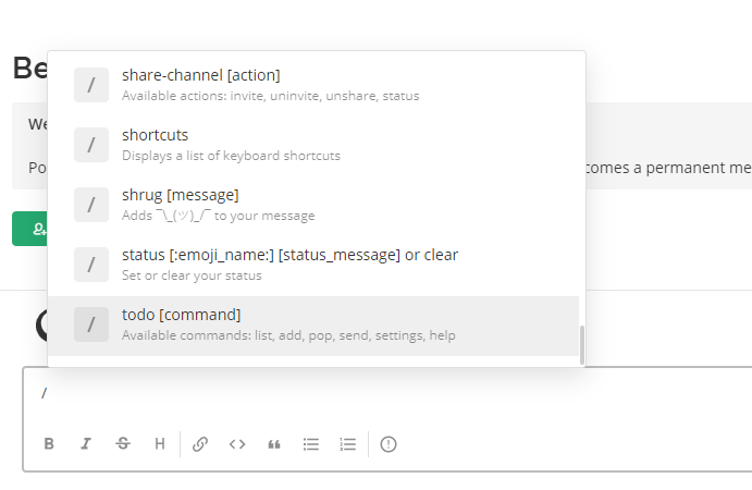 Befehlsauswahl in der Mattermost Desktop App