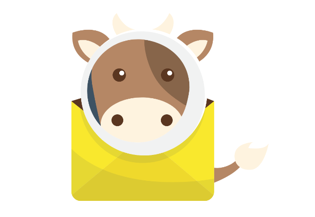 Mailcow-Logo: Kuh-Maskottchen in einem gelben Briefumschlag