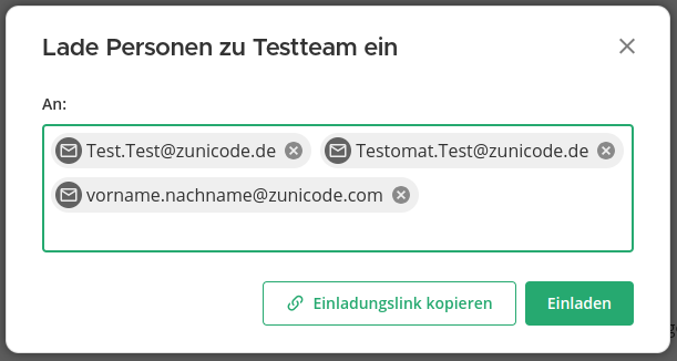 Mattermost-Dialog Lade Personen zu Testteam ein mit E-Mail-Eingabefeld