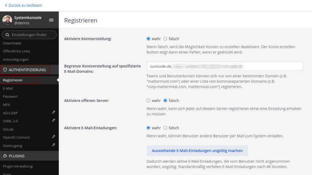 Mattermost-Systemkonsole, Bereich Authentifizierung, Registrieren mit Einstellungen zur Kontoerstellung